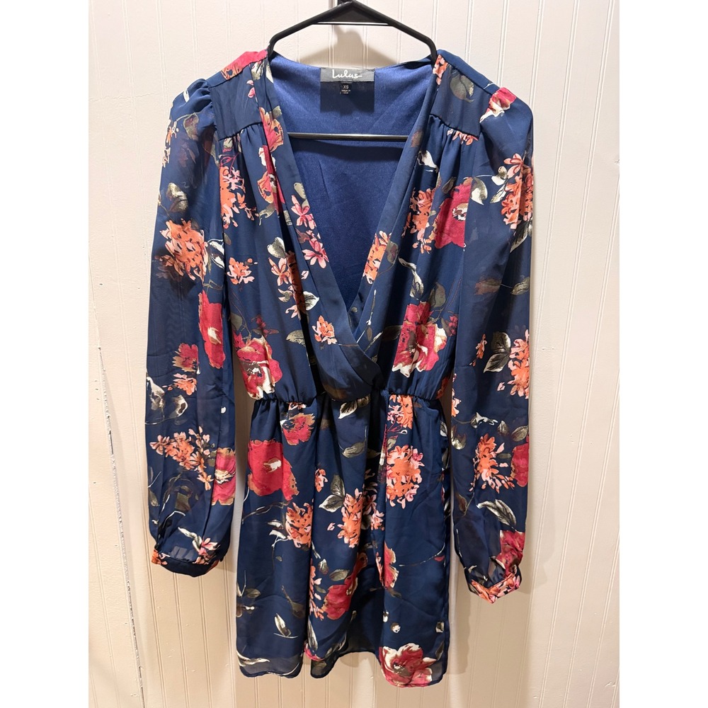 Lulus Navy Blue Floral Long Sleeve V-Neck Mini Dress XS Surplice Wrap Style